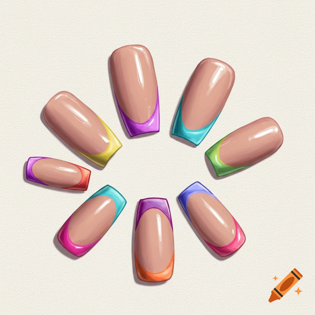 Eight short artificial nails with various colored French tips arranged in a circle on a white background.