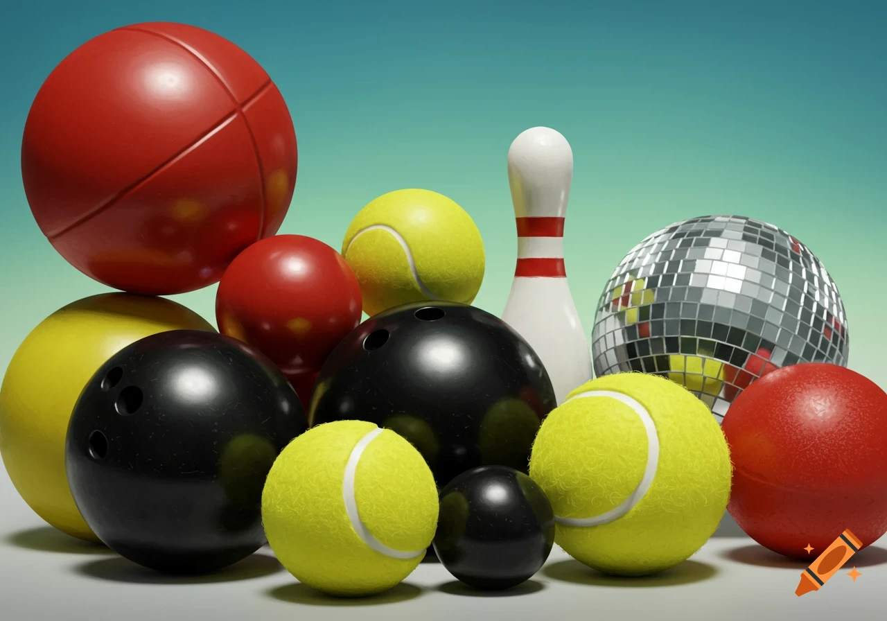 A collection of sports balls and a bowling pin, including a red basketball, black bowling balls, yellow tennis balls, red bocce balls, and a disco ball, against a teal background.