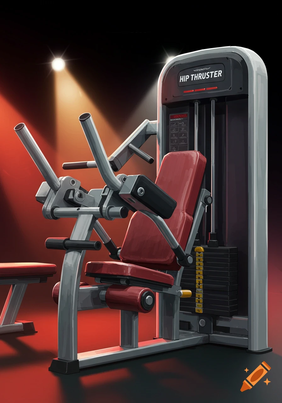 An illustrated hip thruster exercise machine with a red seat, lit by spotlights in a dark gym.