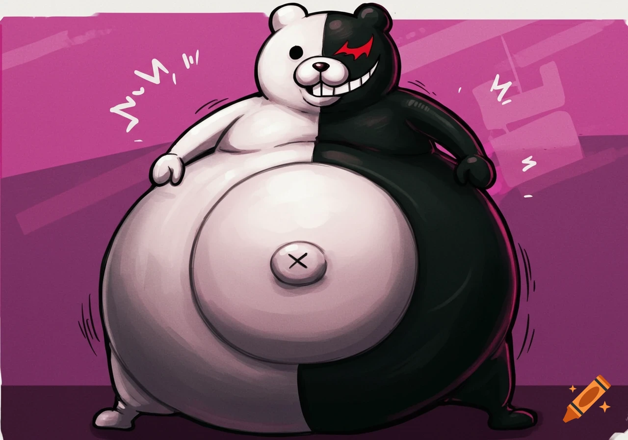A large, round Monokuma bear with a black and white split body and a wide grin, drawn in the Danganronpa anime style.