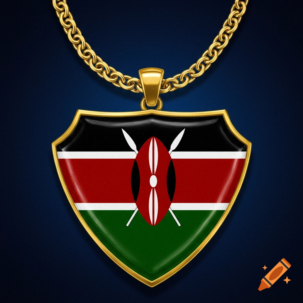 A detailed gold necklace featuring a shield-shaped pendant with the Kenyan flag design.