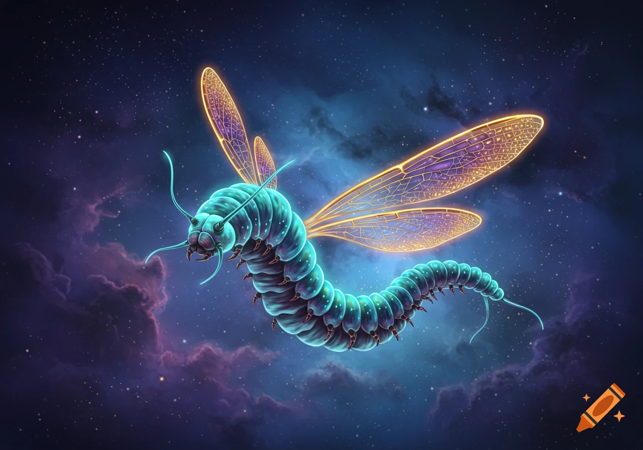 A glowing, turquoise worm-like creature with golden-purple insect wings floats in a starry cosmic background.