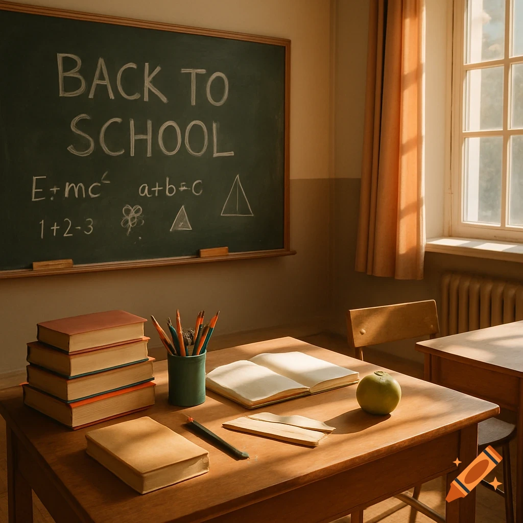 A cozy classroom with a chalkboard, books, school supplies, and an apple on a desk, bathed in sunlight from a window.