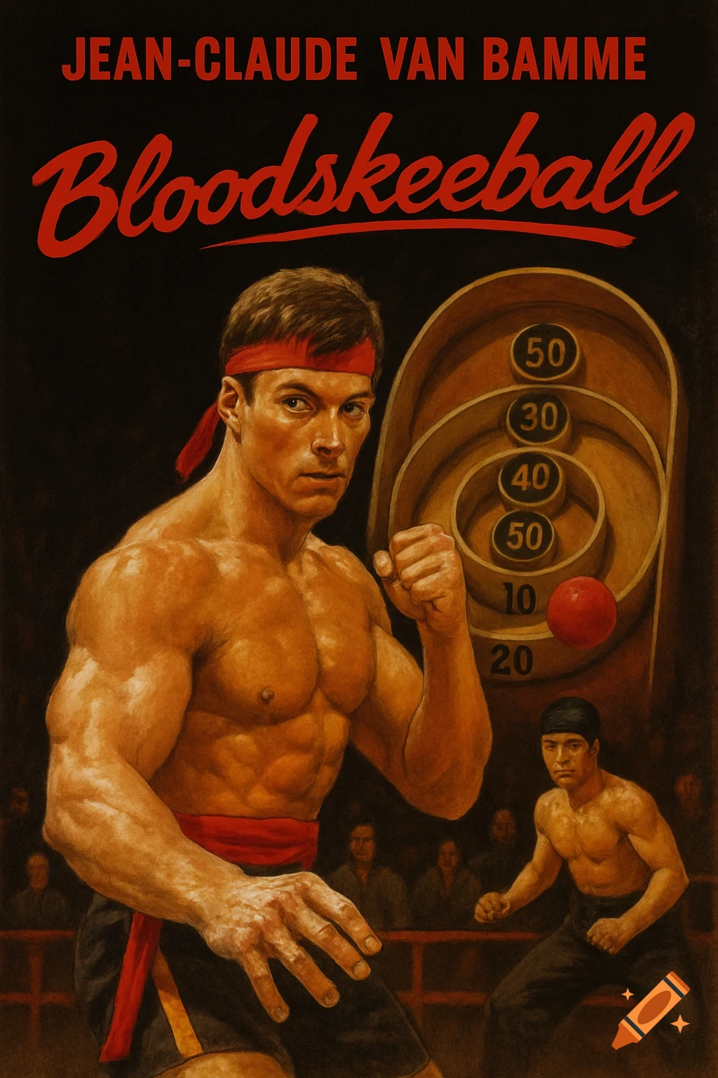 Muscular man in red headband in martial arts stance next to skee-ball game, styled as a vintage movie poster with text.
