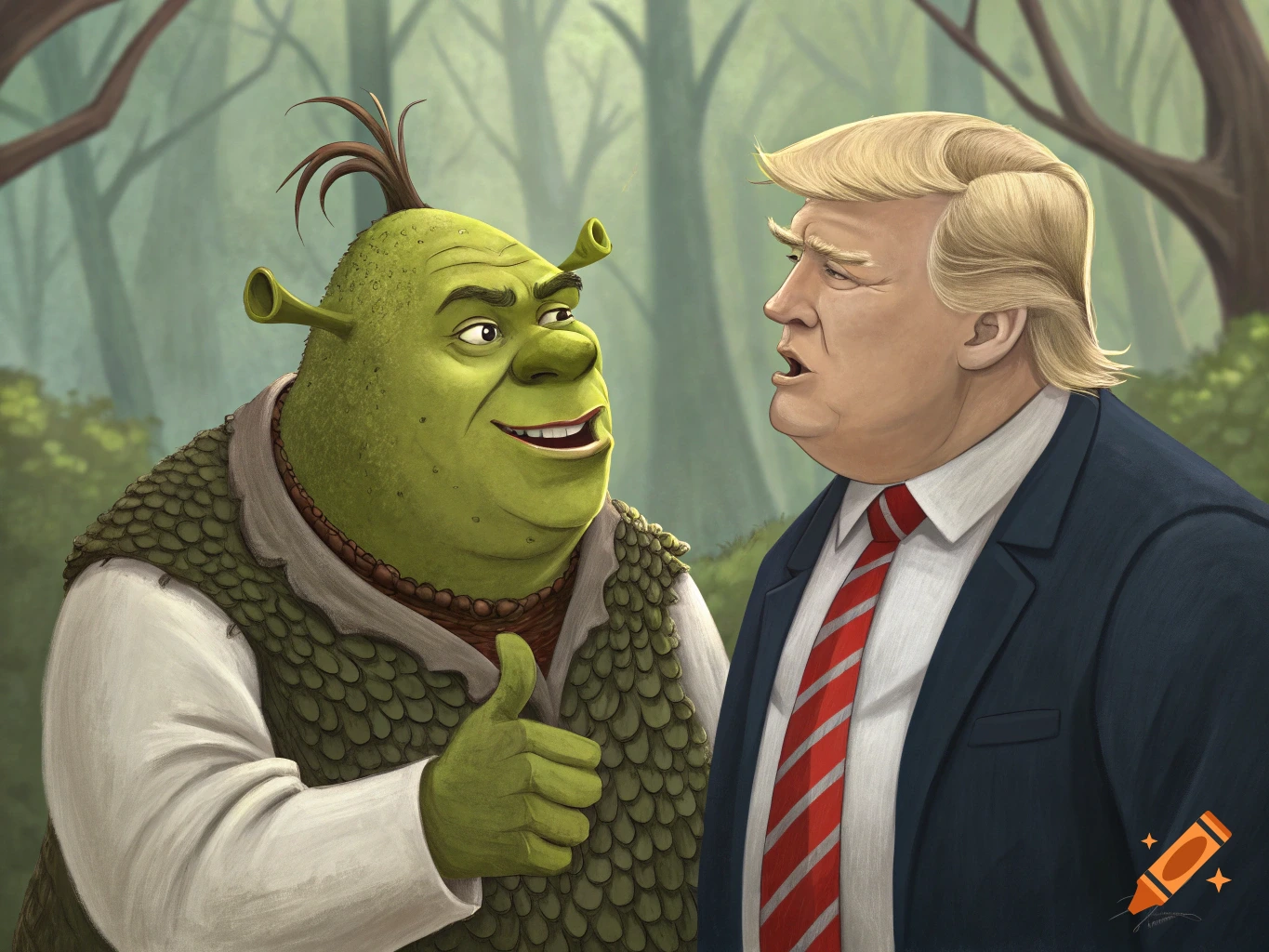 Cartoon illustration of Shrek giving a thumbs up to Donald Trump in a forest.