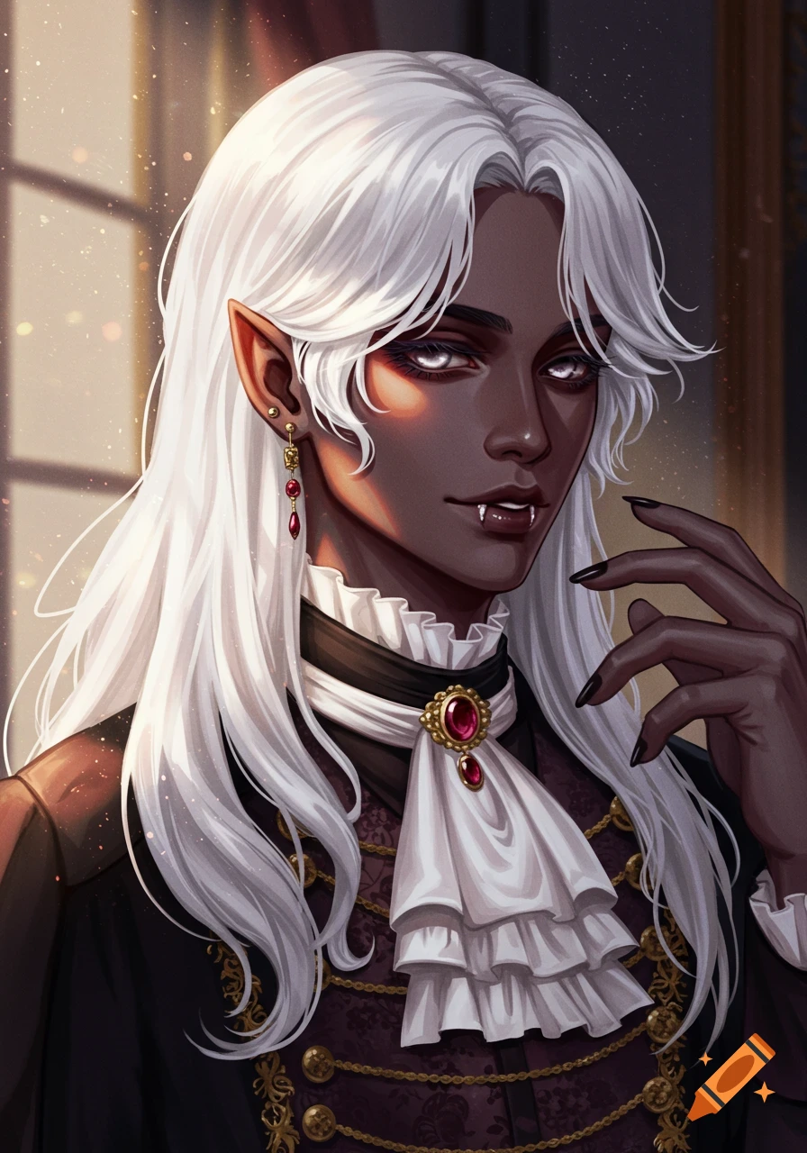 Digital art of an androgynous vampire with dark skin, long white hair, and fangs, wearing ornate Victorian clothing.