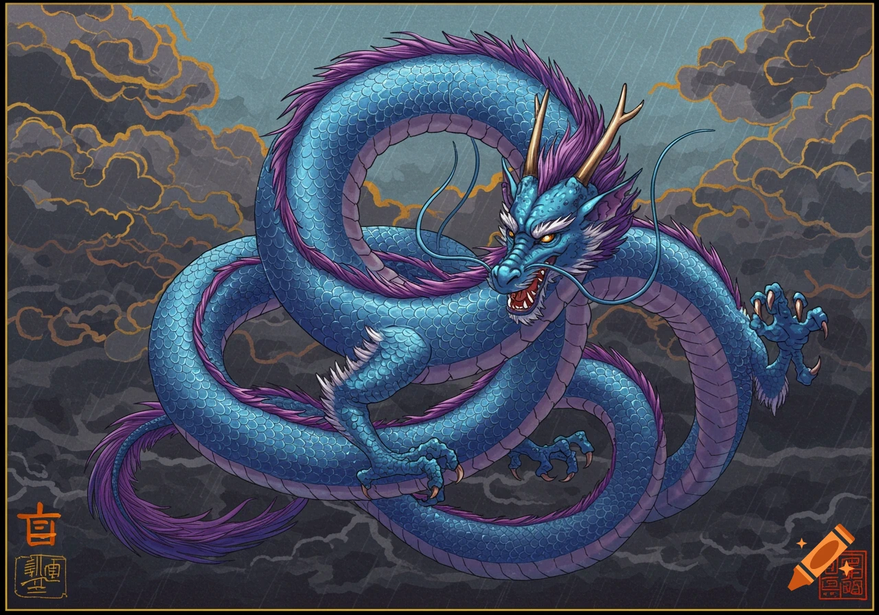 A vibrant blue dragon with purple scales and mane, and golden horns, coils against a stormy sky with dark clouds and yellow lightning.