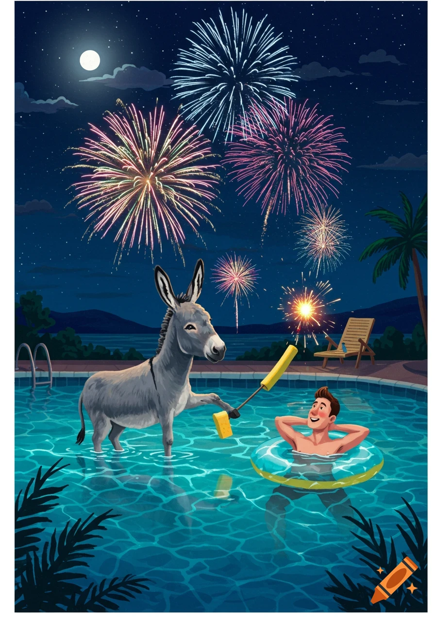 An illustration of a donkey standing in a swimming pool, holding a pool noodle and setting off fireworks, while a man relaxes in a float nearby under a night sky with fireworks.