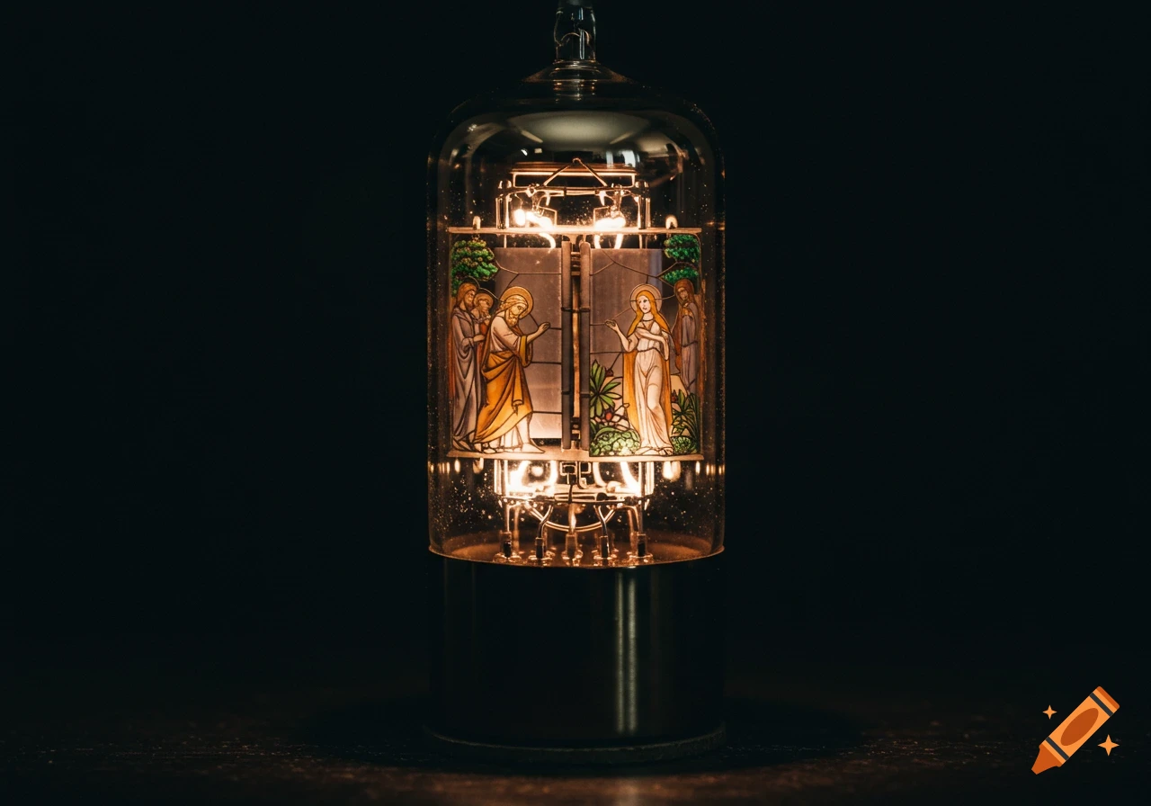 Close-up photograph of an ornamental glowing vacuum tube with intricate biblical figures rendered like stained glass inside.