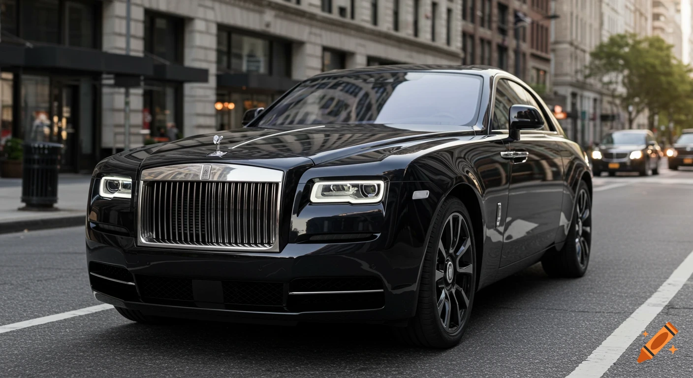 A sleek black 2026 Rolls-Royce sports car parked on a city street in New York.
