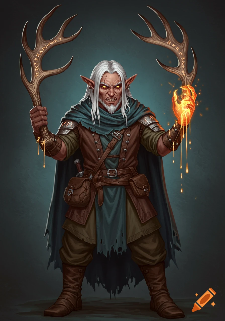 A grim-faced elf with white hair and glowing eyes holds a carved antler in one hand and drips glowing magic from the other.