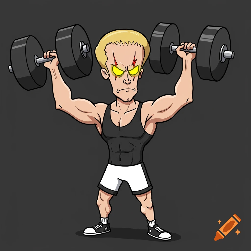 Cartoon character with blond hair, lightning bolt scars, and yellow eyes lifts dumbbells, cartoon style.