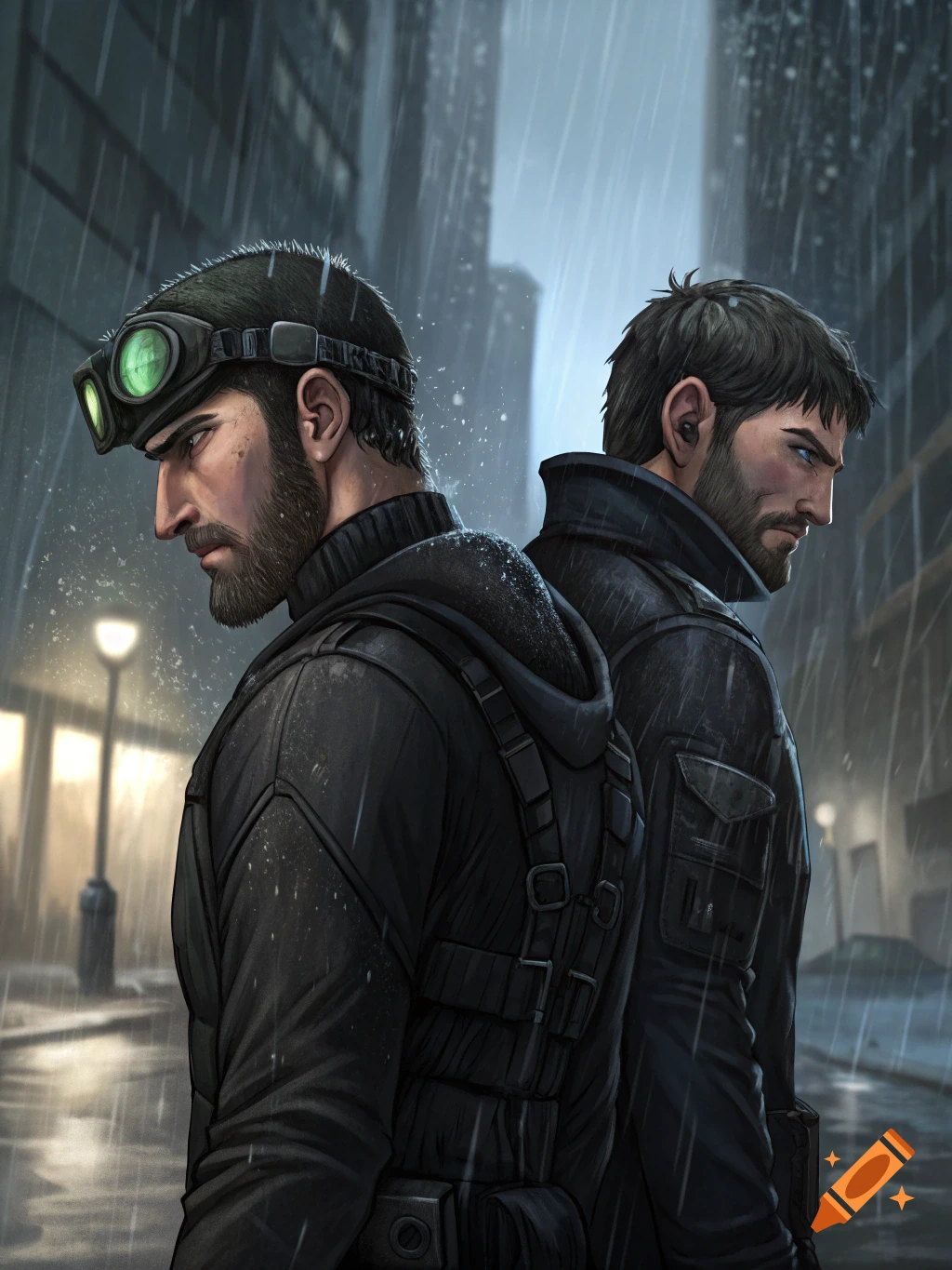 Digital art of two men with beards, one wearing green goggles, standing back to back in the rain on a city street at night.