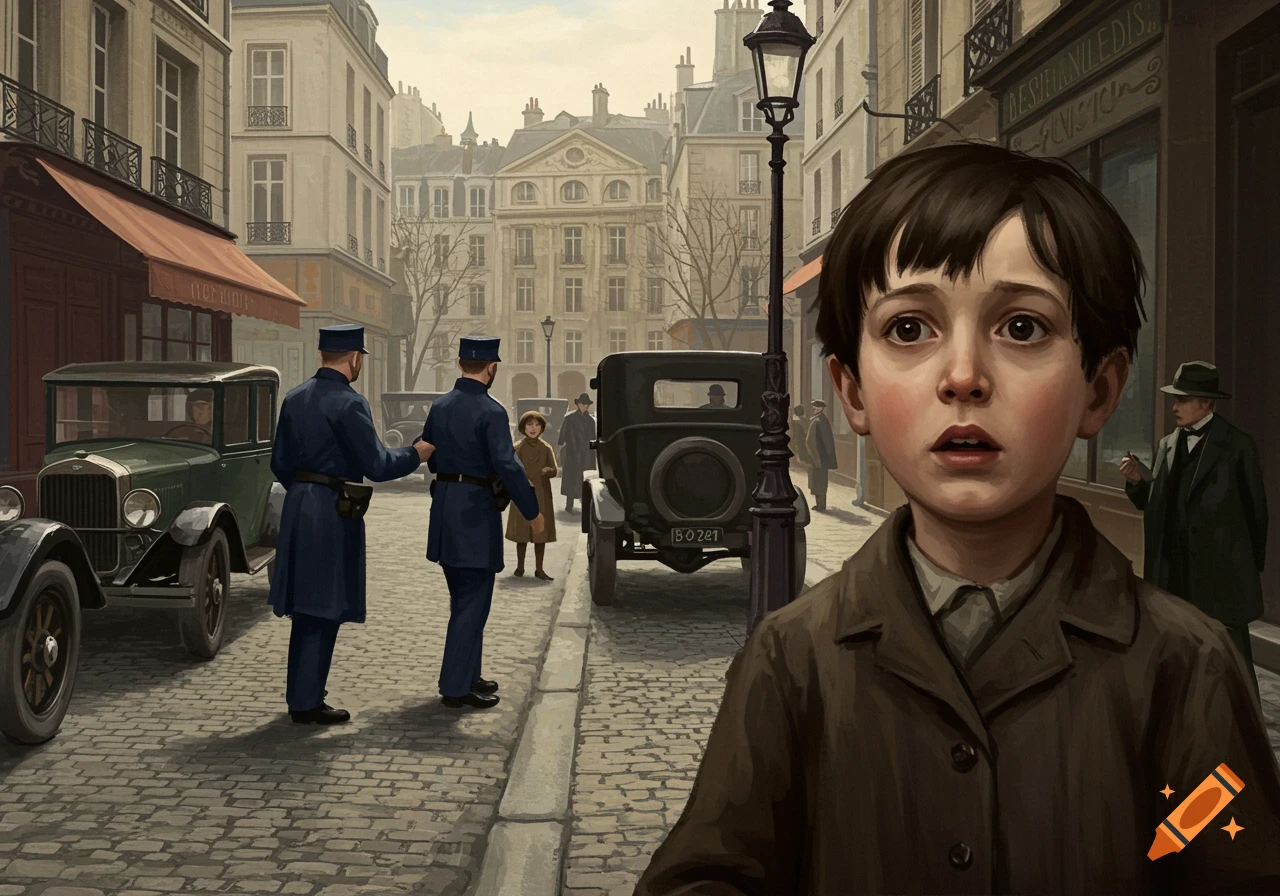 A young boy with wide eyes stands in the foreground of a vintage Parisian street scene as two police officers lead a man away in the background.