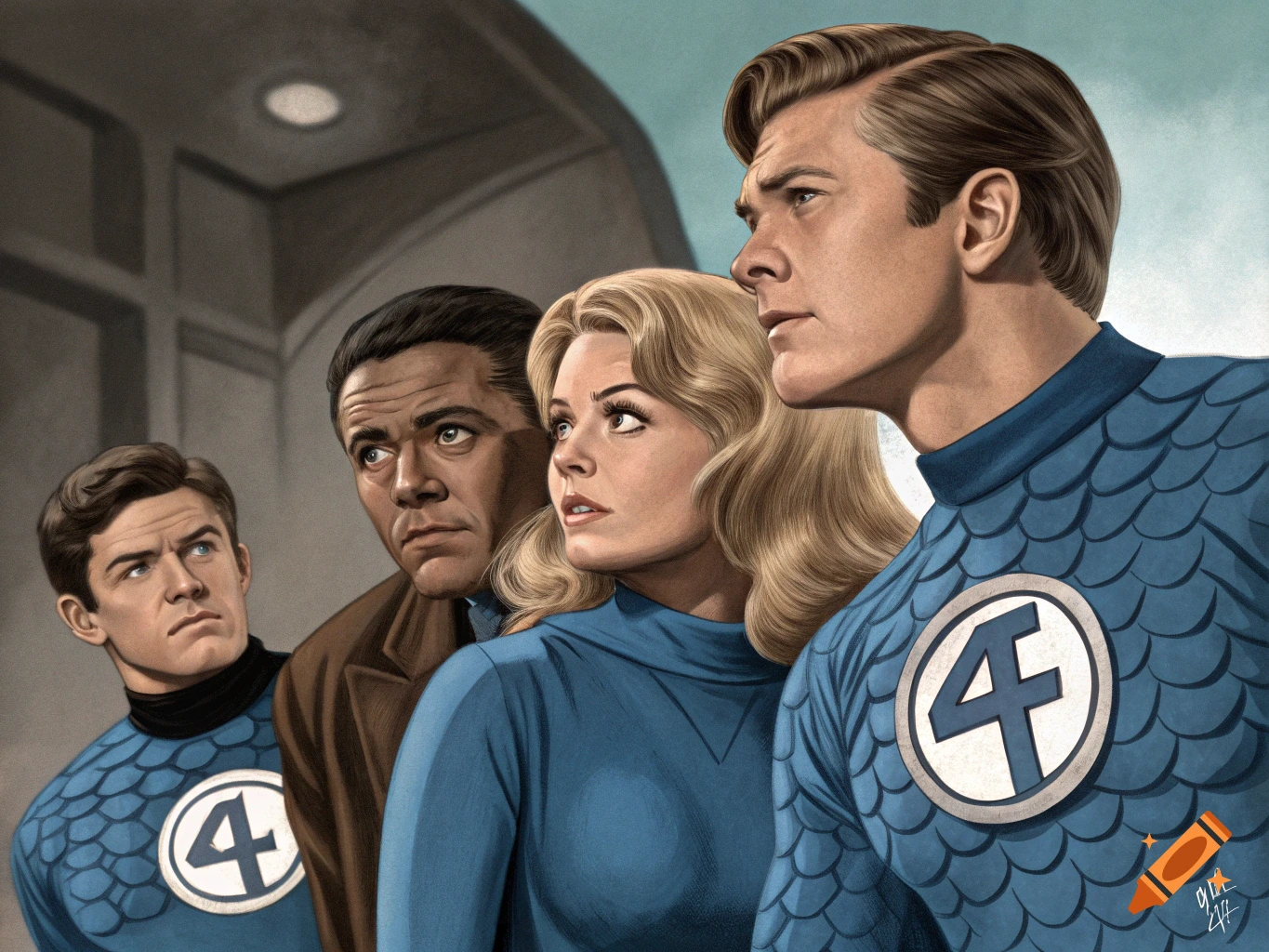 A retro 1960s comic art style illustration of the Fantastic Four, including Reed Richards, Sue Storm, Johnny Storm, and The Thing, looking intently.