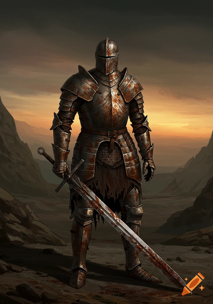 A knight in rusted armor stands in a desolate landscape, holding a blood-stained greatsword under a sunset sky.