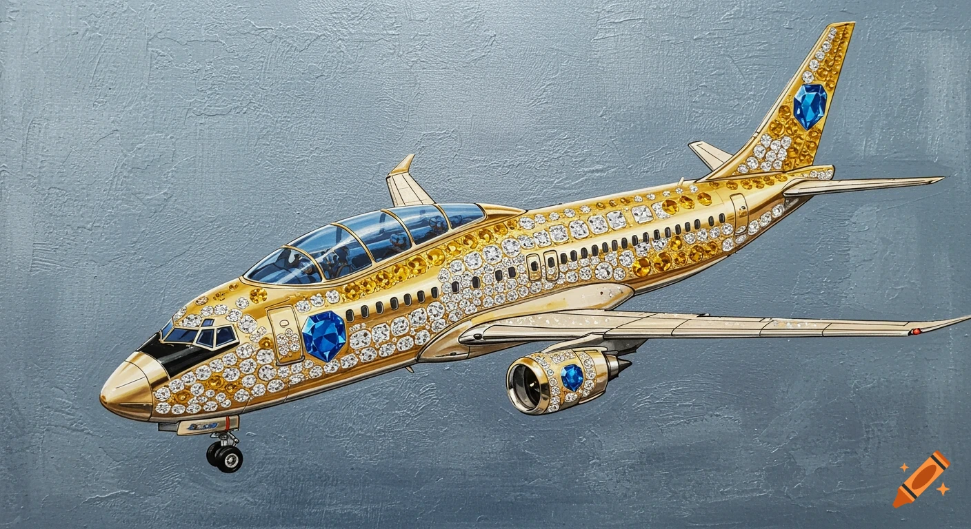 An illustration of a luxury golden passenger plane adorned with white and blue diamonds, set against a textured gray background.