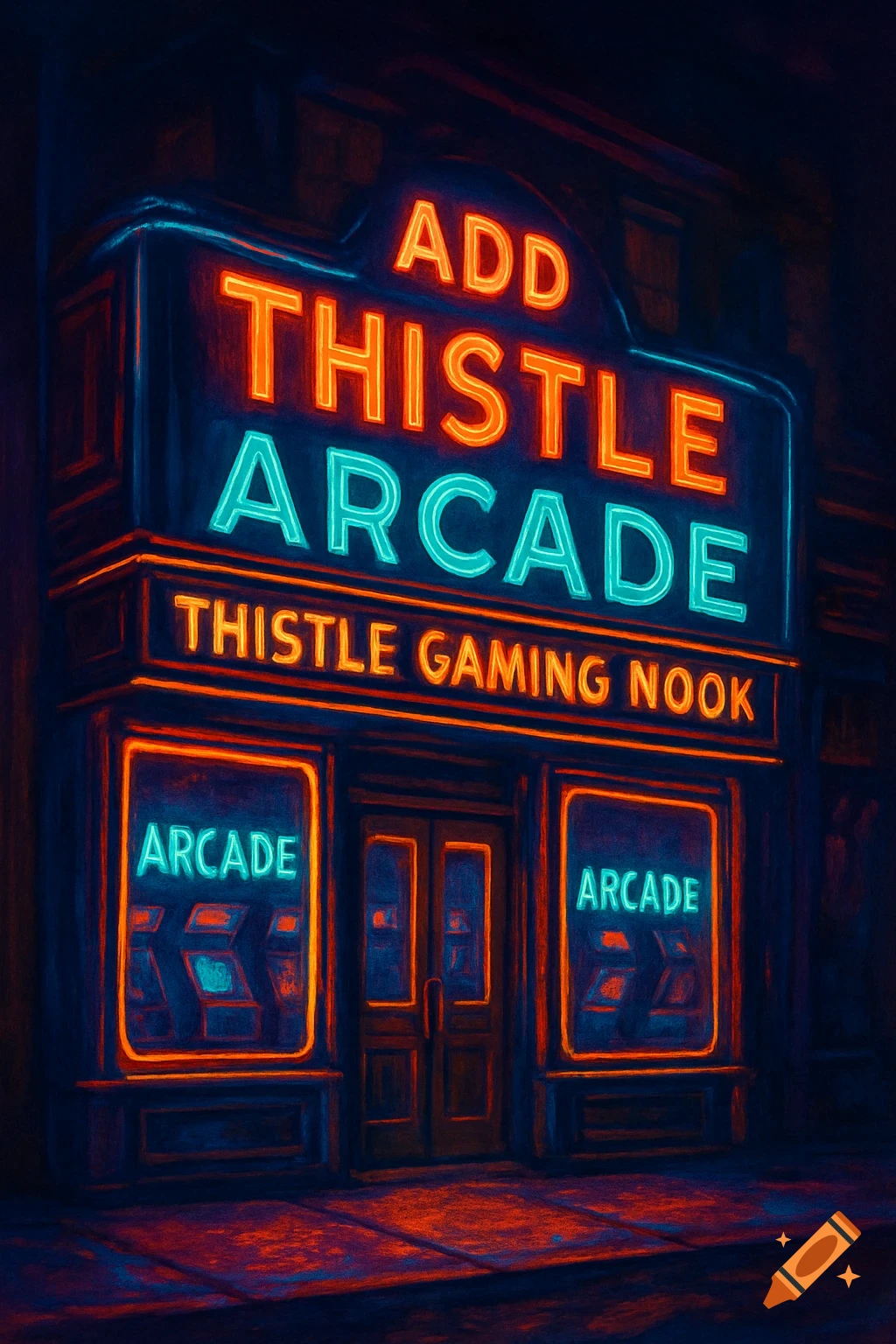 A dark building facade illuminated by vibrant red and blue neon signs. The main sign reads "ADD THISTLE ARCADE" and "THISTLE GAMING NOOK", with "ARCADE" signs in the windows.