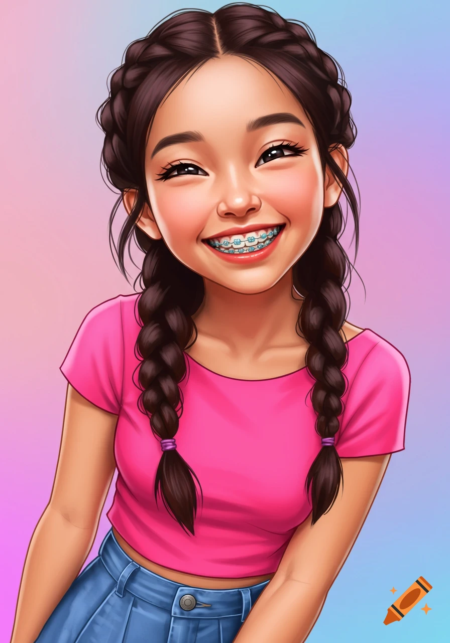 A happy cartoon girl with dark braided hair and braces smiles, wearing a pink shirt and blue skirt.
