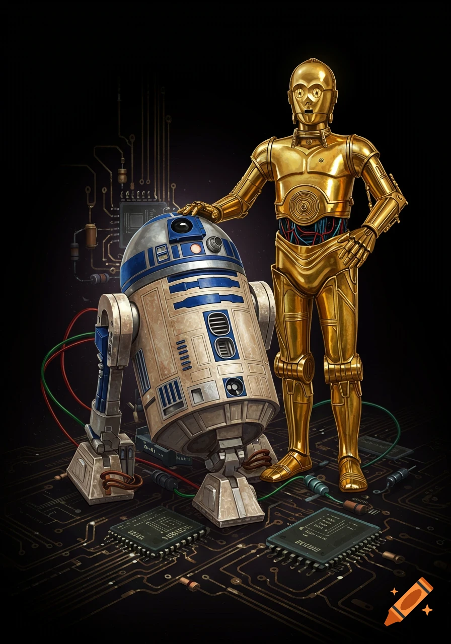 C-3PO and R2-D2 stand on an intricate circuit board with microchips and wires, in a detailed digital illustration.