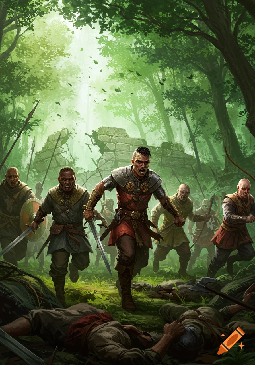 A group of male warriors, armed with swords and spears, rush through a sunlit forest, past fallen enemies and ancient ruins.