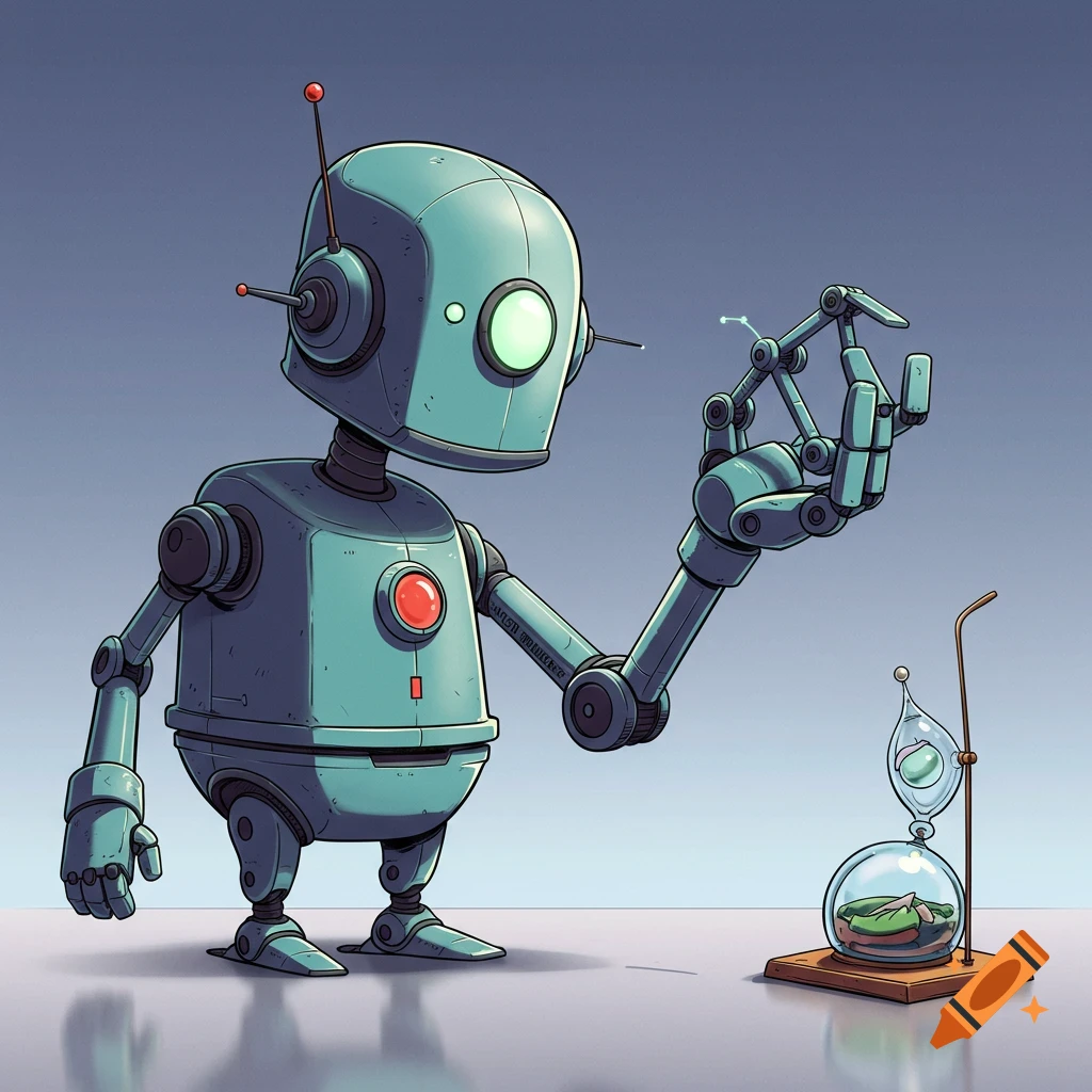 A cartoon-style teal robot studies a small scientific apparatus with a glowing plant-like item inside, on a reflective surface.