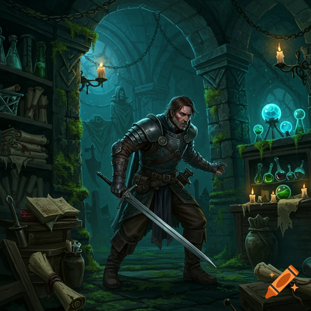 A fantasy swordsman in armor stands in a mystical, dark dungeon filled with ancient scrolls, potions, and glowing orbs.