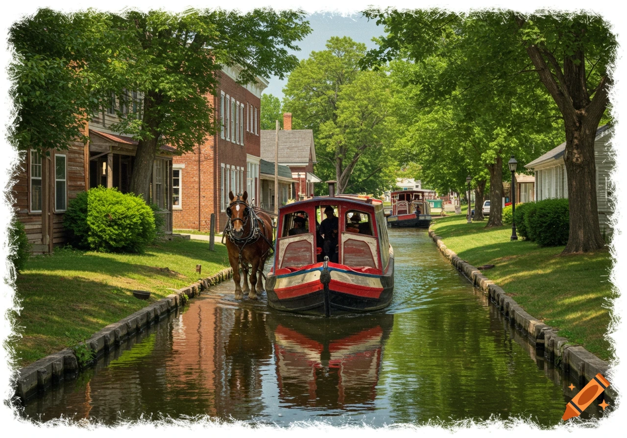 A brown horse pulls a red, white, and blue canal boat through a narrow canal lined with old town buildings and trees.