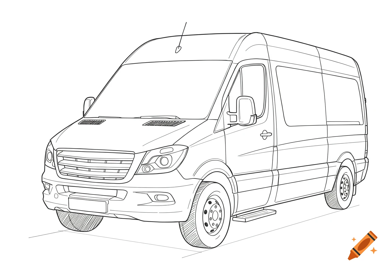 A black and white line drawing of a Sprinter van seen from the front.