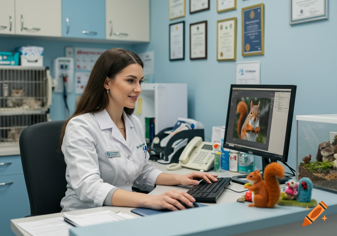 A female receptionist in a white lab coat sits at a desk in a veterinary office, smiling as she works on a computer displaying a realistic squirrel image.