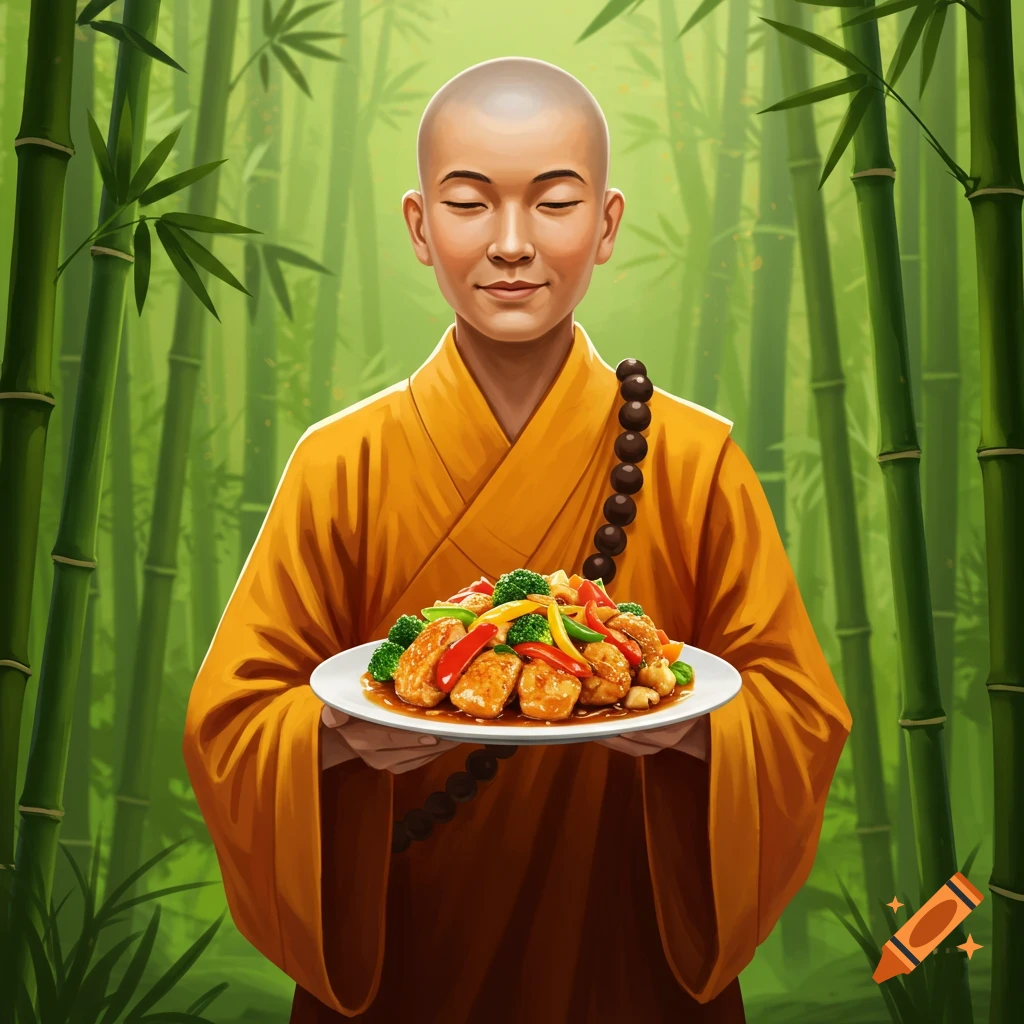 A serene monk in orange robes holds a plate of colorful stir-fry in a bamboo forest, digital art.