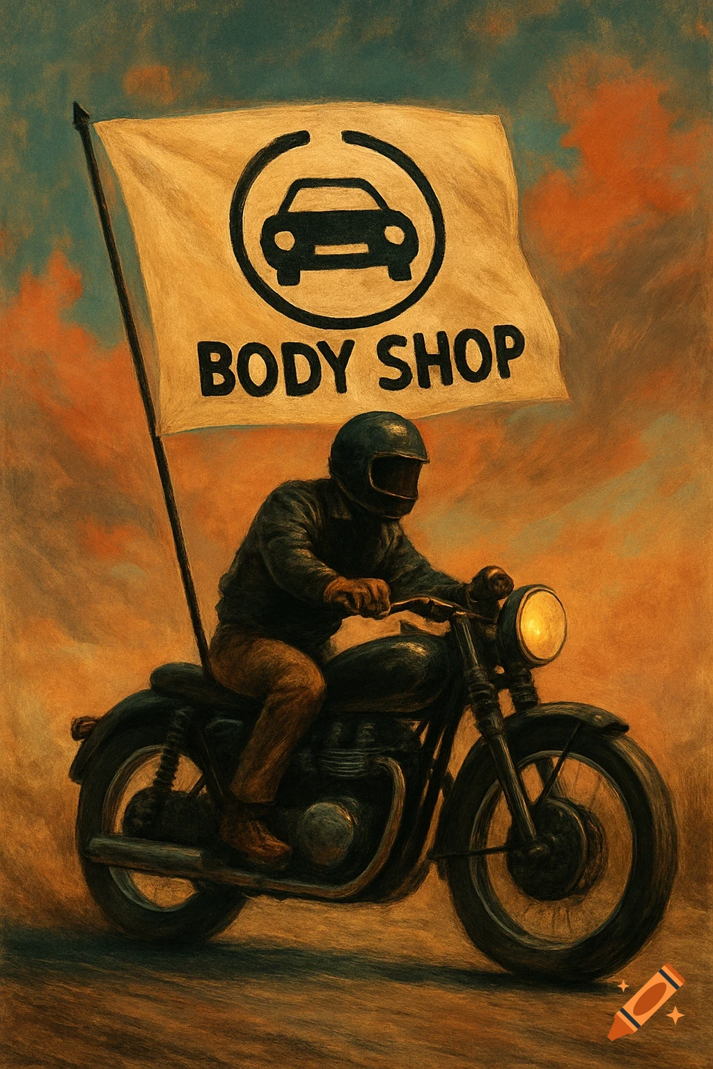 A person rides a vintage motorcycle, carrying a flag with a 'BODY SHOP' logo against a dramatic, painterly sky.