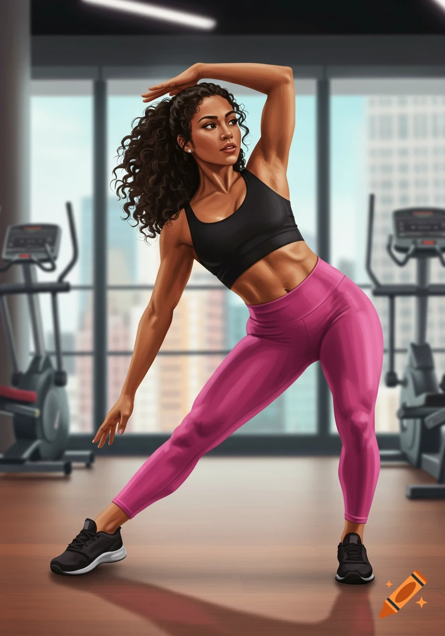 An athletic woman with curly hair in a black sports bra and pink leggings stretches in a gym, rendered in a digital illustration style.