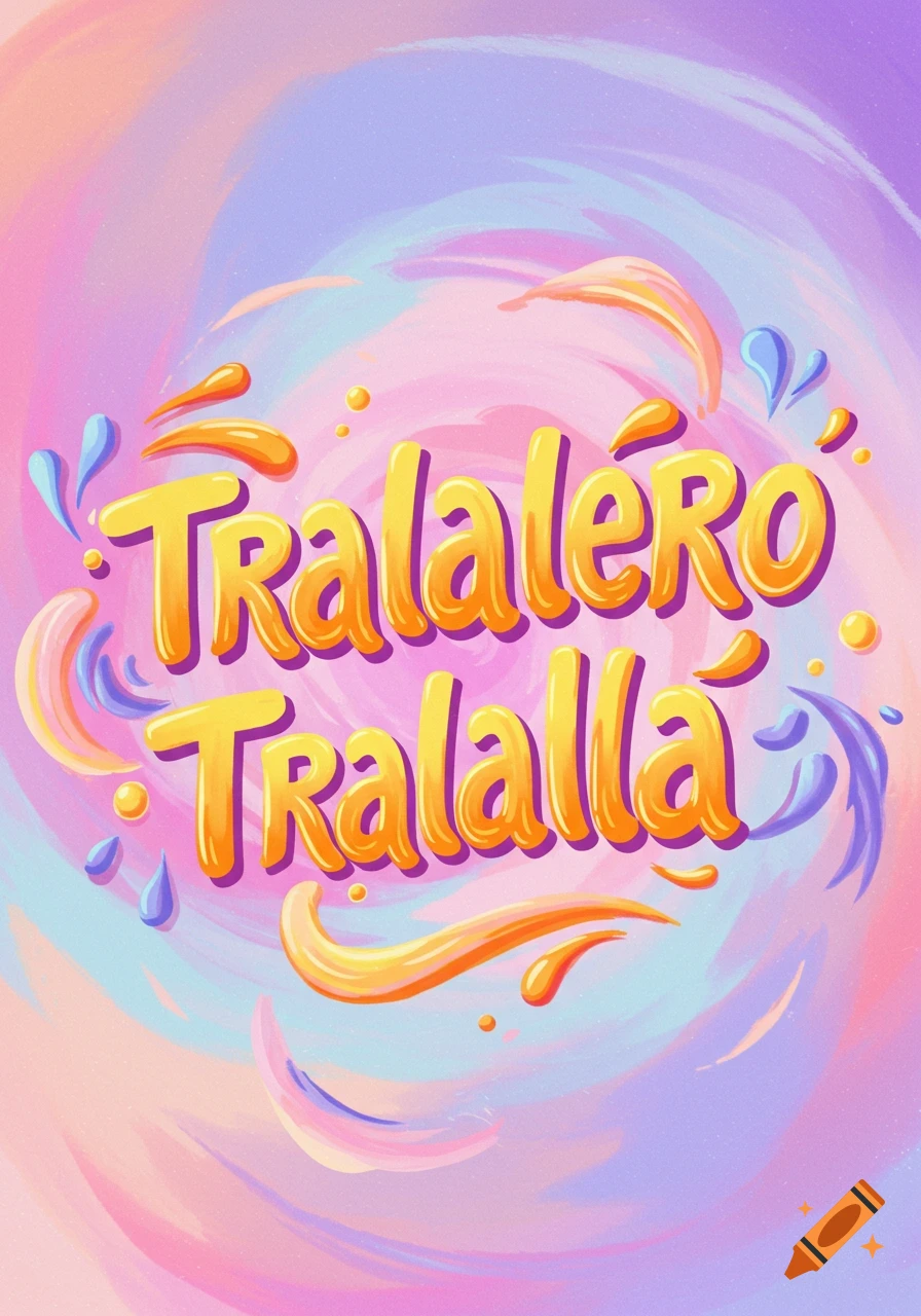 Stylized, vibrant illustration with orange text 'Tralalero Tralalla' on a colorful pink, purple, and blue swirl background.