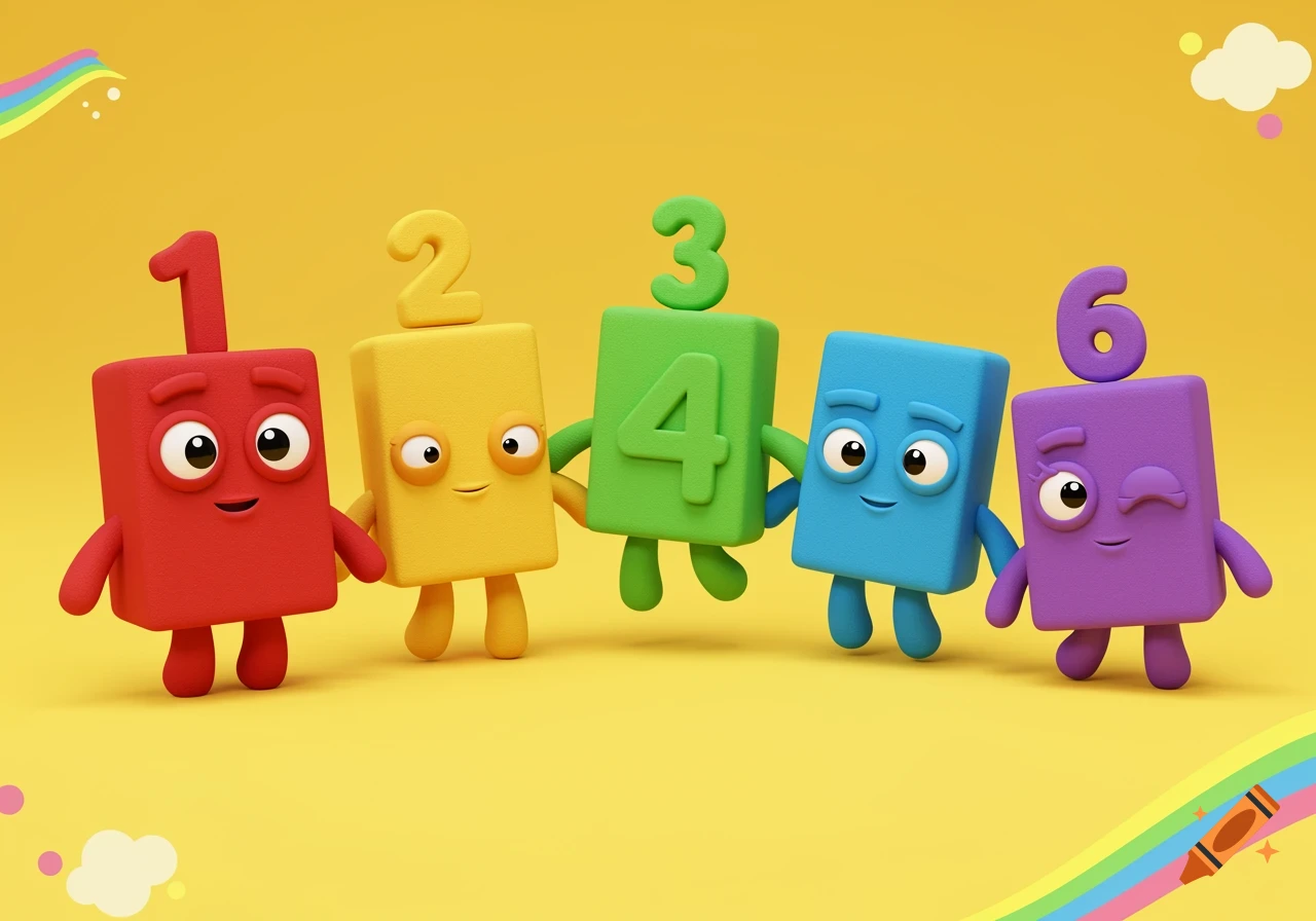 Five colorful, smiling, anthropomorphic number blocks (1, 2, 3, 4, 6) holding hands on a yellow background.