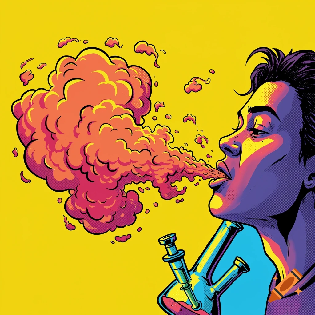 A person exhaling a large cloud of colorful smoke from a bong, depicted in a vibrant comic book style against a yellow background.