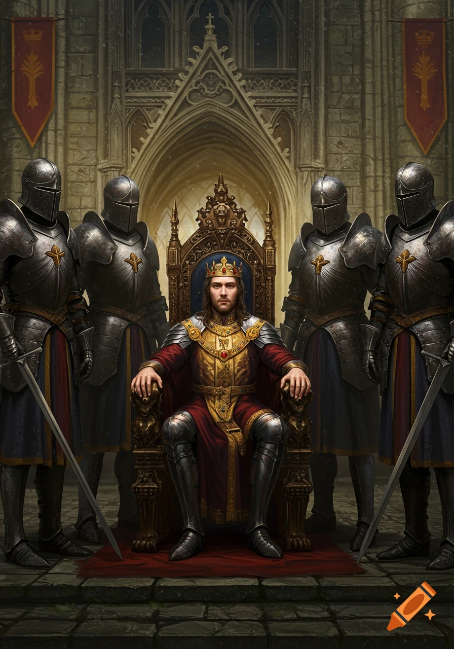 A king in a gold and red robe sits on an ornate throne, flanked by four armored knights in a stone castle hall.