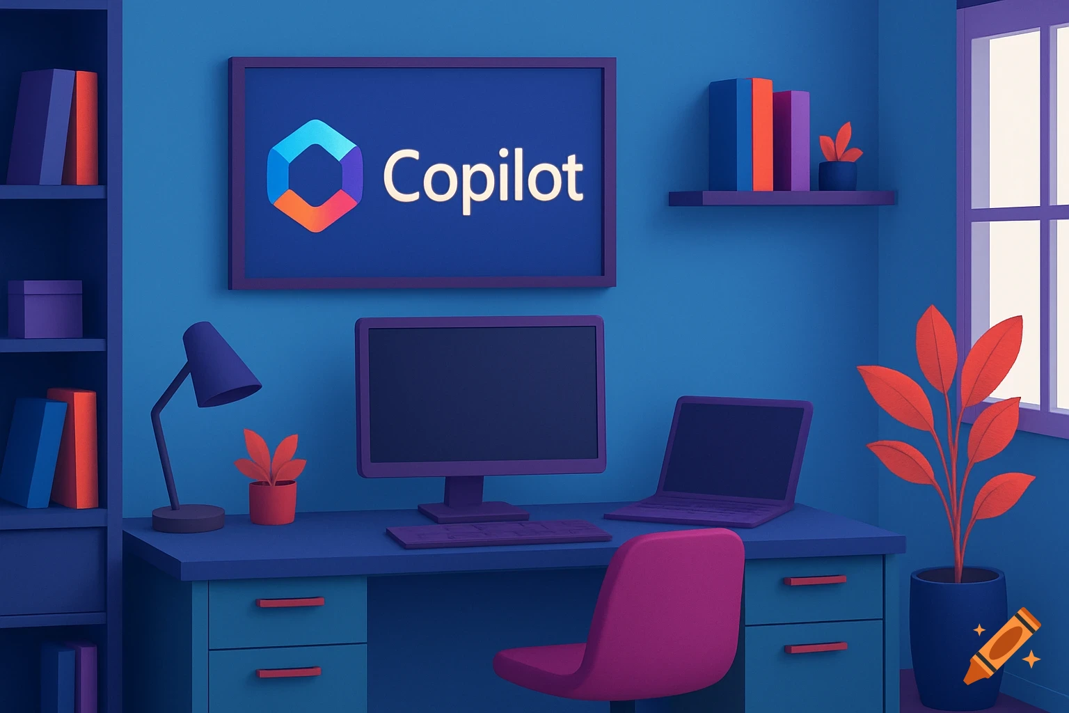 A stylized illustration of a blue home office desk with a Copilot logo on a wall screen, a computer, laptop, and plants.