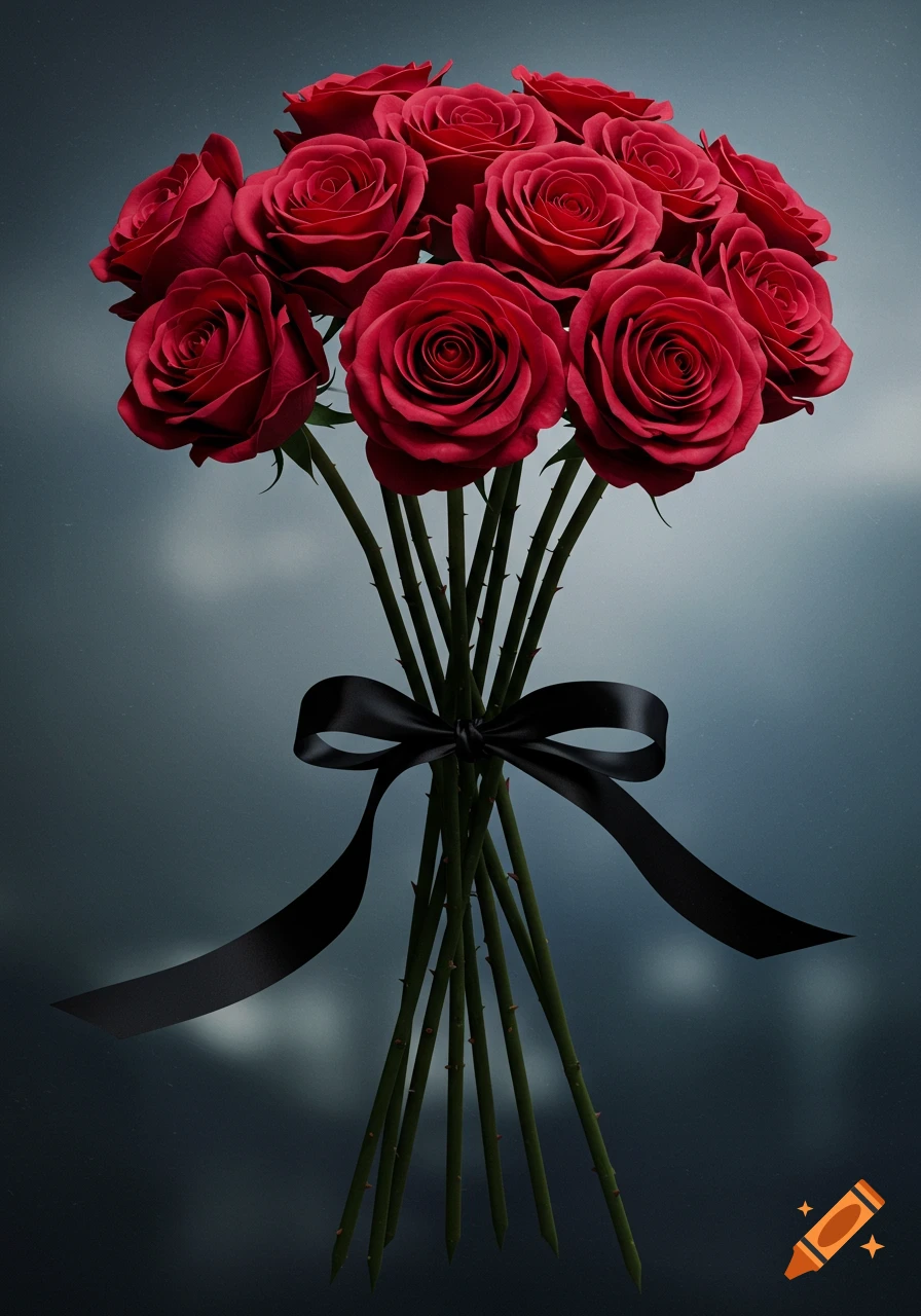 A photorealistic bouquet of red roses with long stems tied with a black ribbon against a dark, cloudy background.