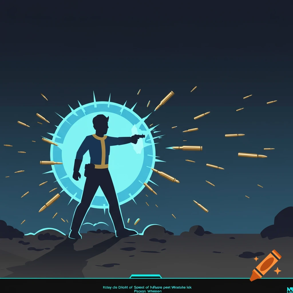 Stylized Vault Boy character standing on a desolate landscape, holding a pistol, protected by a glowing blue energy shield from incoming bullets.