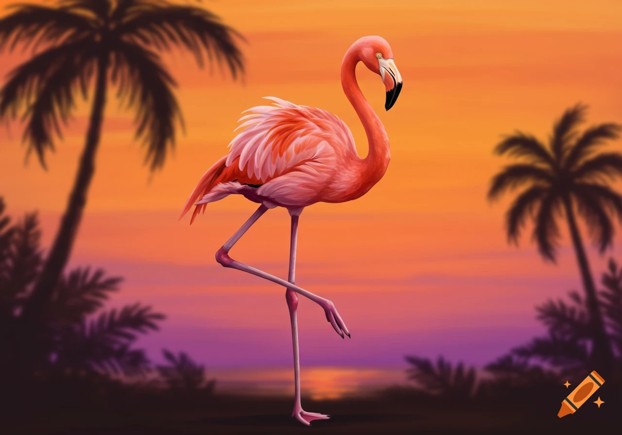A vibrant pink flamingo stands on one leg against a colorful orange and purple sunset with palm tree silhouettes, in an illustrative style.