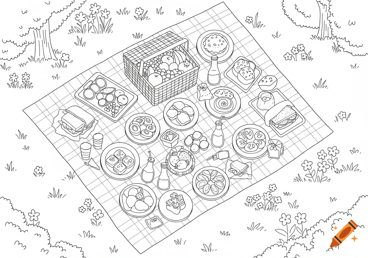 A top-down line art coloring page of a picnic scene with a basket full of food on a checkered blanket in a grassy field.