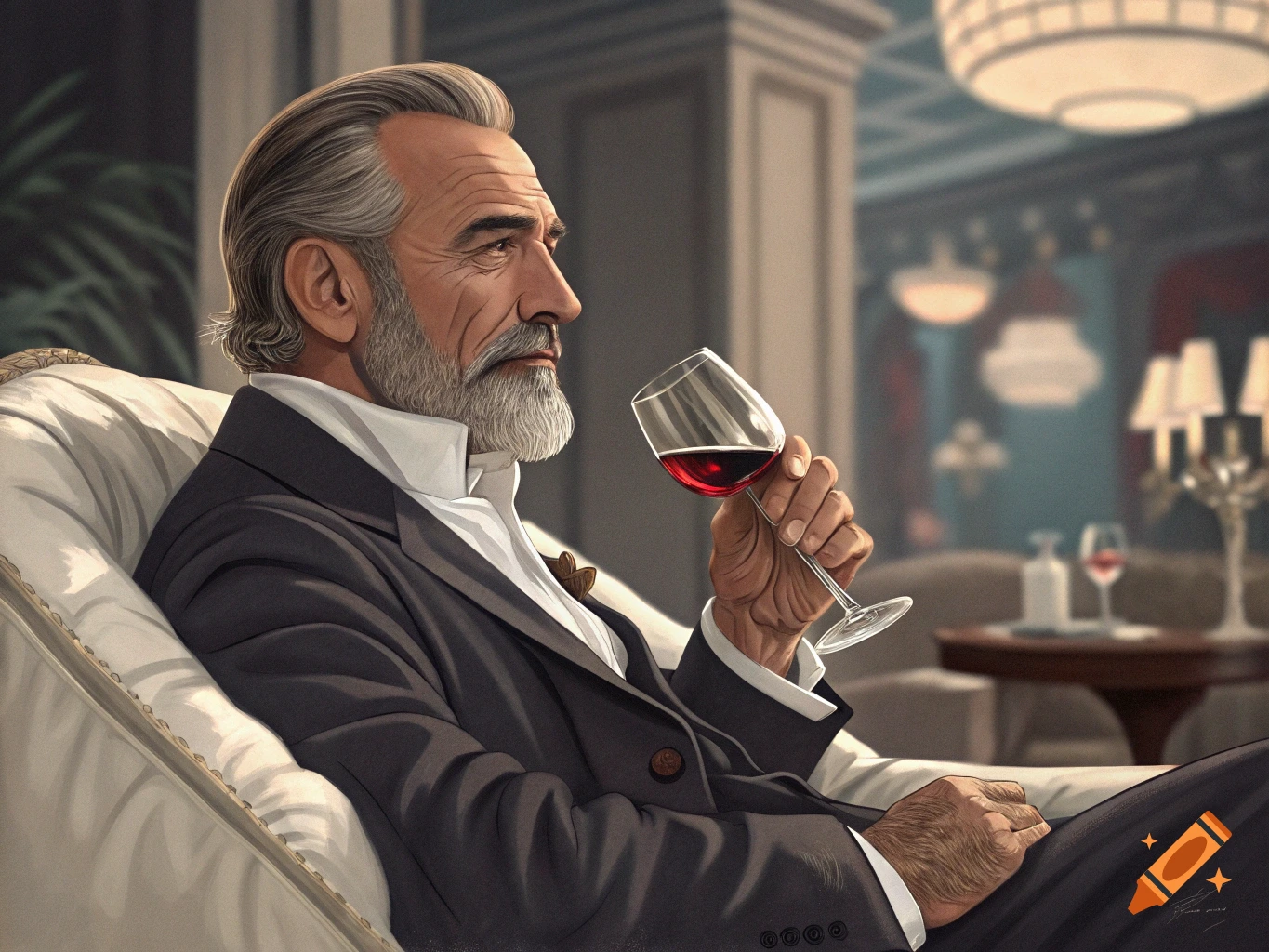 A sophisticated, bearded man in a suit sits in an elegant room, holding a glass of red wine, illustrated in a realistic style.