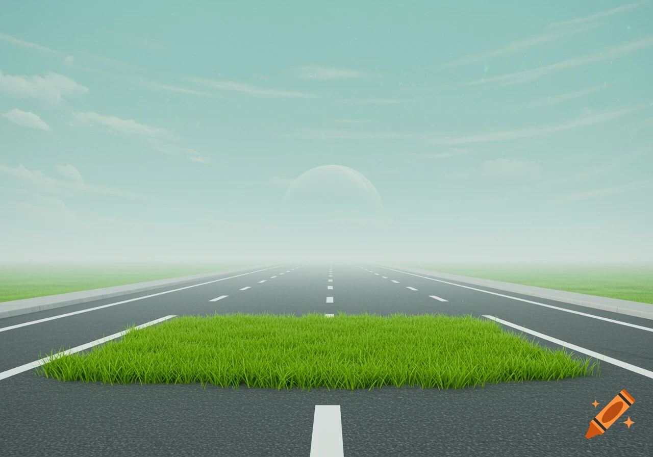 A straight road with a patch of green grass in the middle, extending into a misty horizon under a pale sky with a faint spherical shape.
