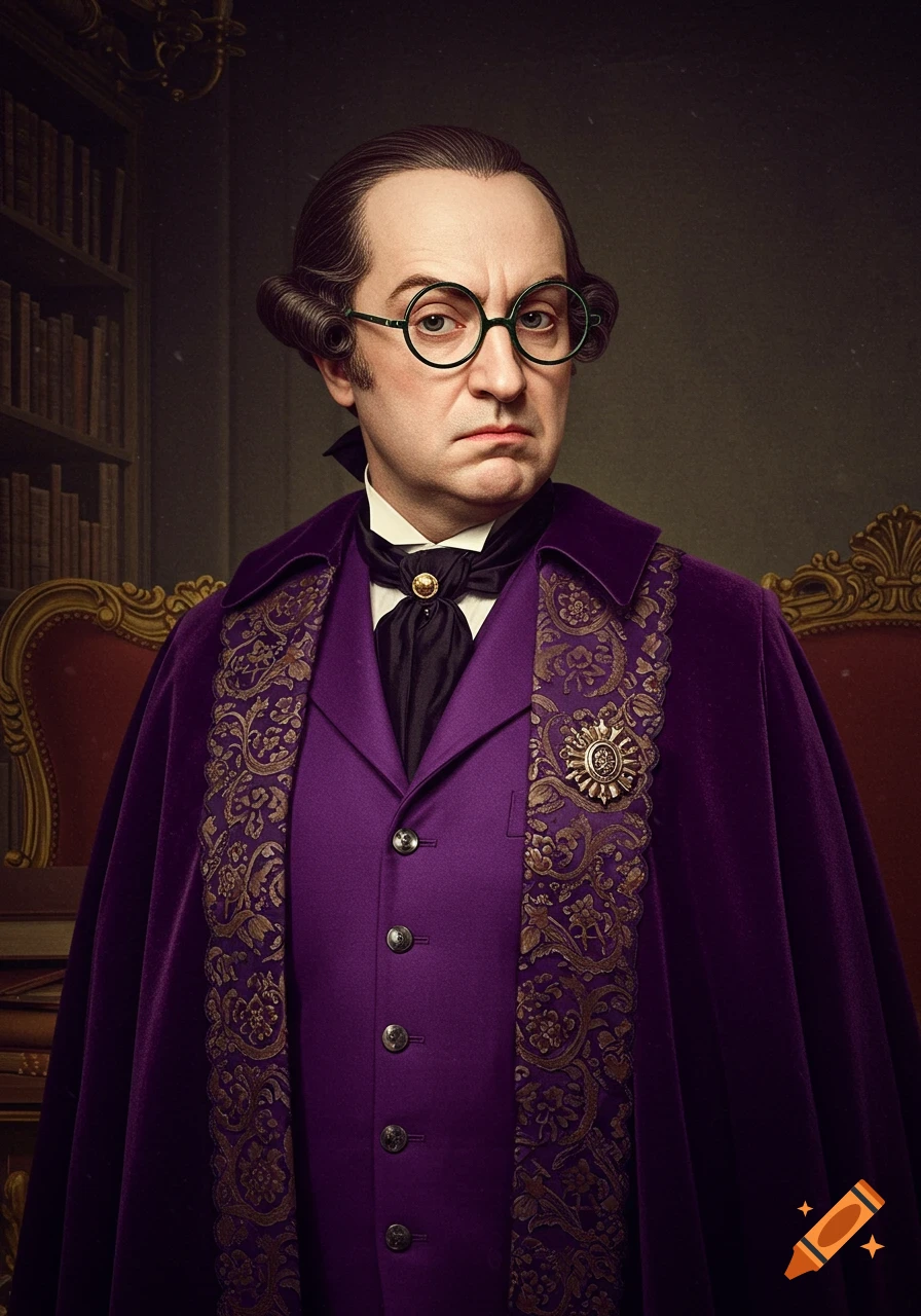 A stern man with green circular glasses in a purple velvet cloak with gold embroidery, in a formal portrait.