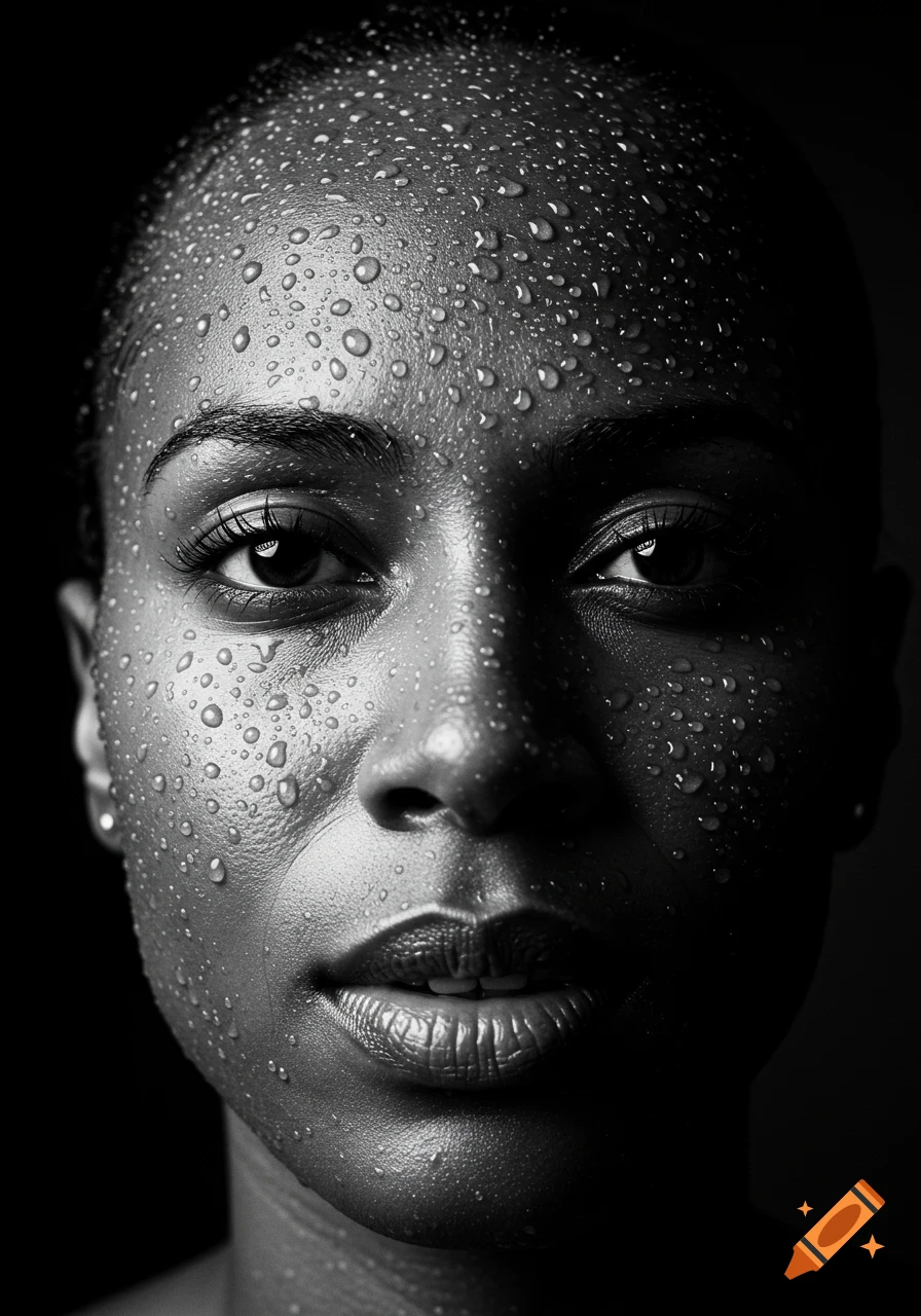 A high-contrast, black-and-white close-up portrait of a person's face covered in water droplets.