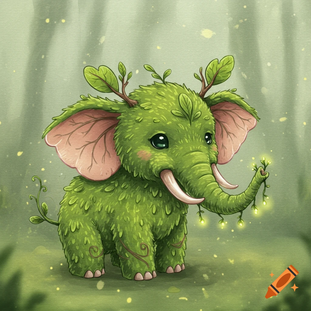 Soft watercolor illustration of a small, gentle green moss elephant with leafy ears and glowing spores from its trunk, in a forest.