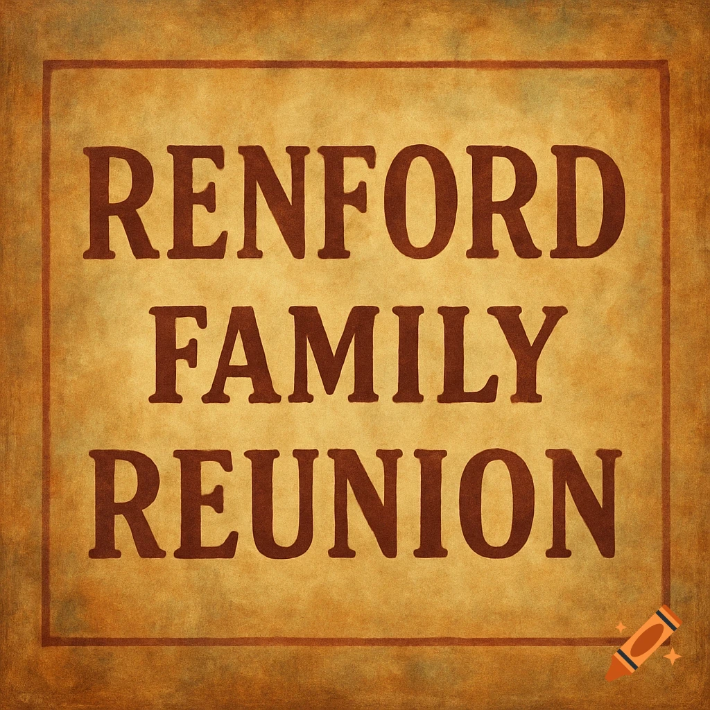 Brown text 'RENFORD FAMILY REUNION' on an aged gold background with a simple brown border.