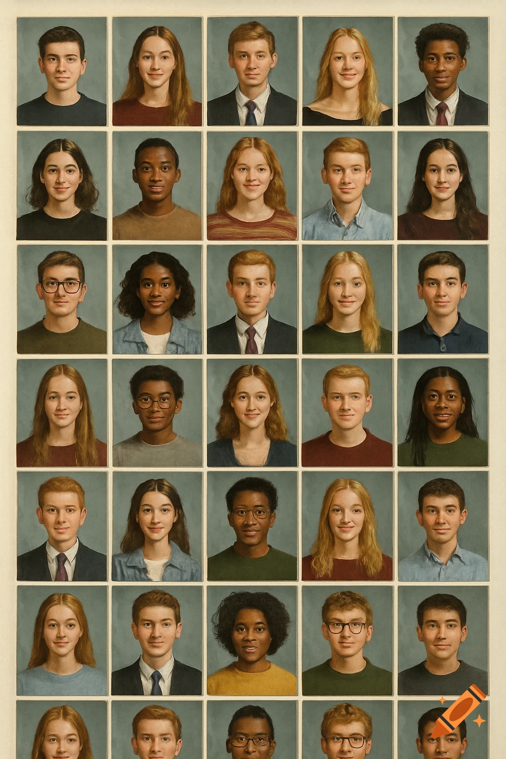 A grid of stylized headshots of diverse young people, like a school yearbook.