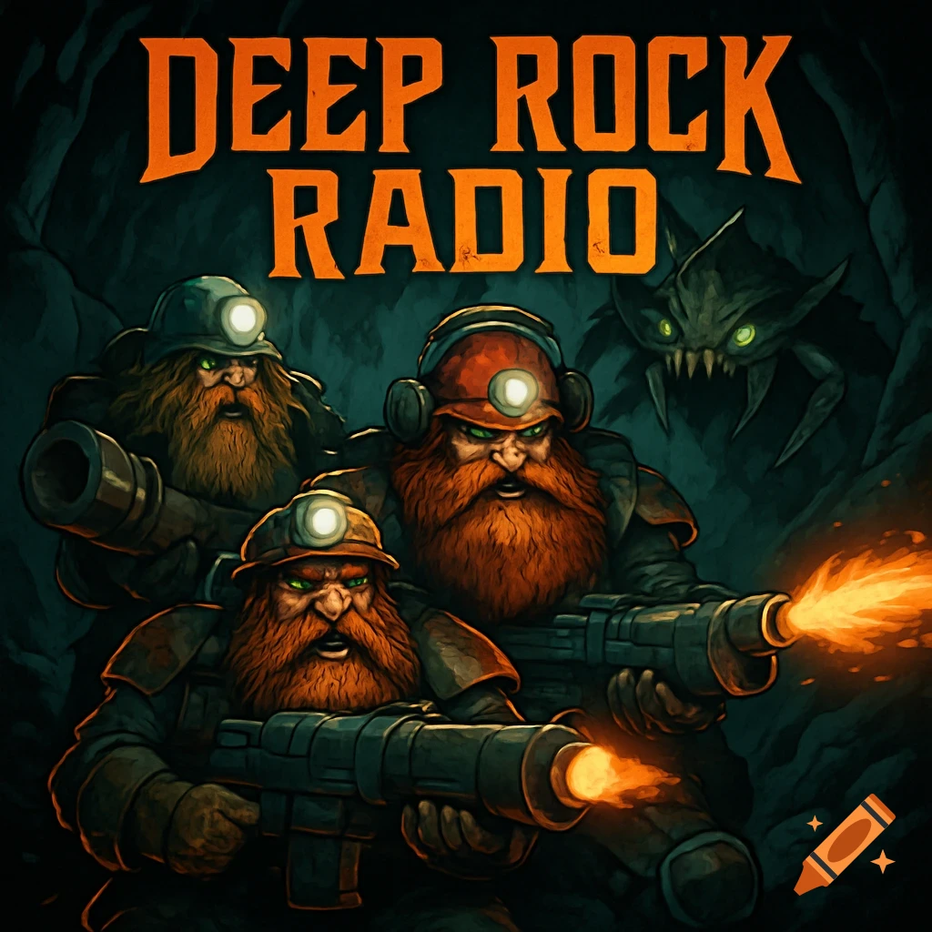 Illustration of three bearded dwarven miners with headlamps and guns in a dark cave, facing a glowing-eyed monster, with 'DEEP ROCK RADIO' text.